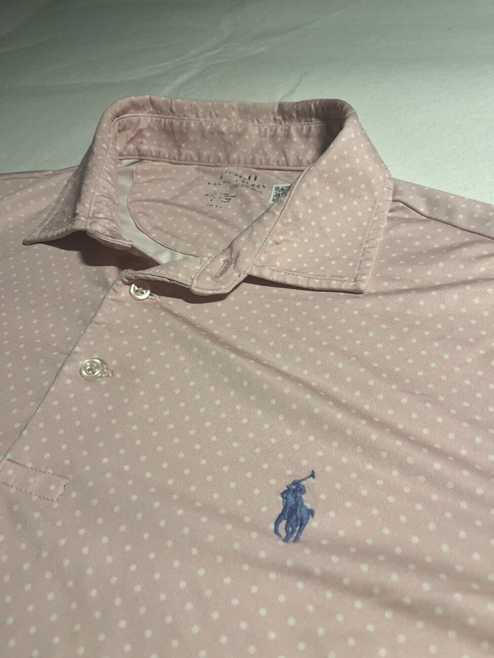 Polo Ralph Lauren Men’s Pink White Polka Dot Performance Golf Polo Shirt M Flaw